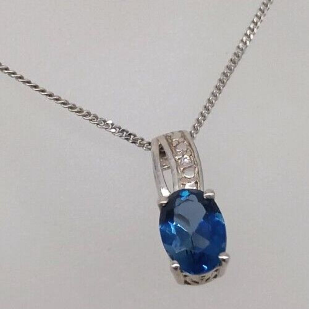 Blue Topaz Gemstone Pendant Necklace 925 Sterling Silver Oval Prong Set Sparkly!